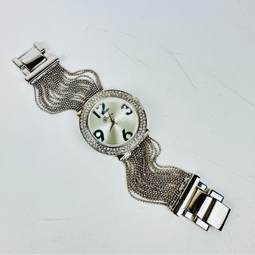 Geneva Silver Bracelet with Crystal Bezel and multi strands bracelet watch - Picture 3 of 5